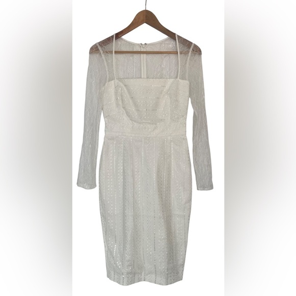 sau lee Dresses & Skirts - Sau Dress 6 Square Neck Long Lace Sleeve White Sheath Eyelet Bridal New NWT